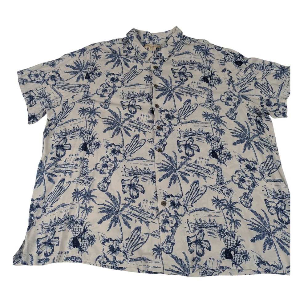 Island Passport Mens‎ 3XL Tropical Toile Aloha Shirt Navy Blue White Short Slv